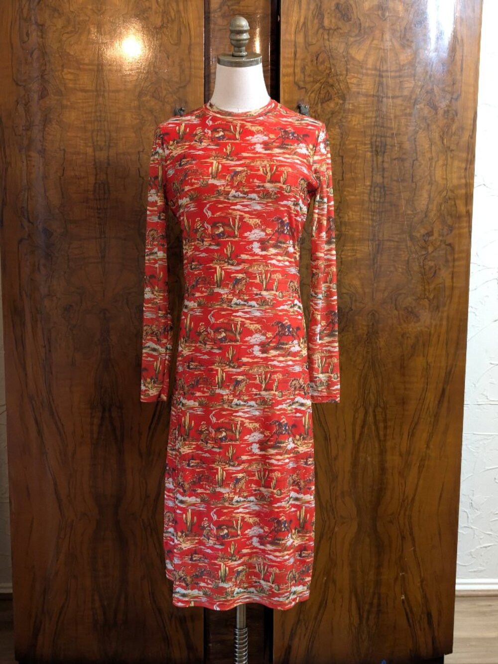 Turquoise Haven Red Retro Cowboy Horse Print Midi Dress Size S Western Boho